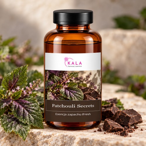 Olejek zapachowy Kala iFresh Patchouli Secrets – butelka i nuty zapachu z bliska
