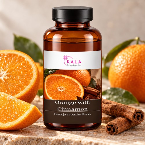 Olejek zapachowy Kala iFresh Orange with Cinnamon – butelka i nuty zapachu z bliska