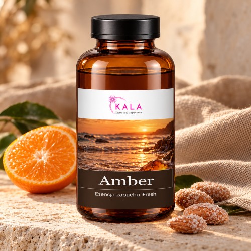 Olejek zapachowy Kala iFresh Amber – butelka i nuty zapachu z bliska