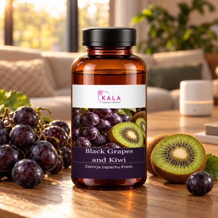 Olejek zapachowy Kala iFresh Black Grapes and Kiwi w salonie obok dyfuzora