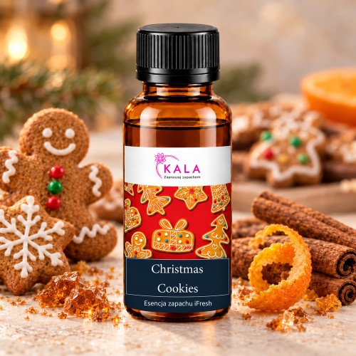 Olejek zapachowy Kala iFresh Christmas Cookies – butelka i nuty zapachu z bliska