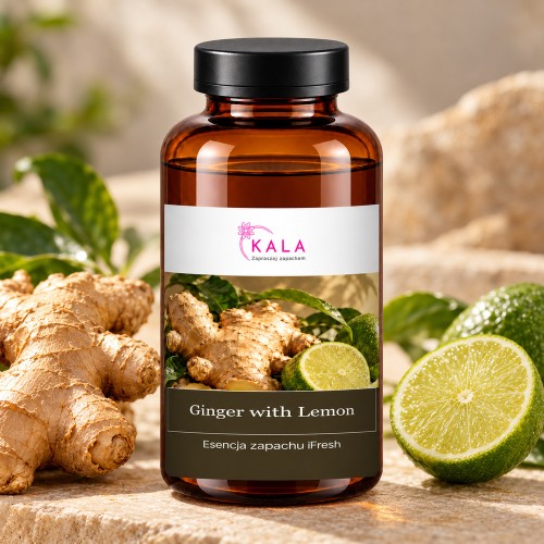 Olejek zapachowy Kala iFresh Ginger with Lemon – butelka i nuty zapachu z bliska