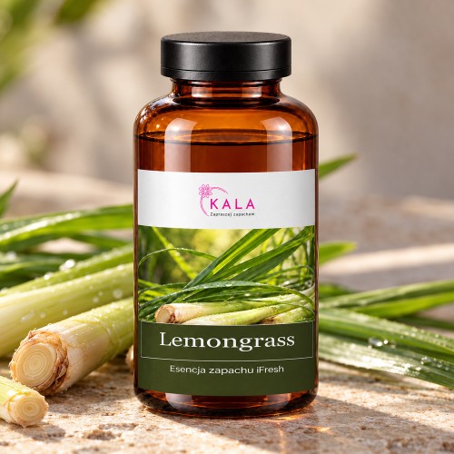 Olejek zapachowy Kala iFresh Lemongrass – butelka i nuty zapachu z bliska