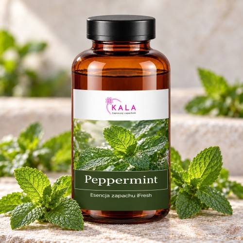 Olejek zapachowy Kala iFresh Peppermint – butelka i nuty zapachu z bliska