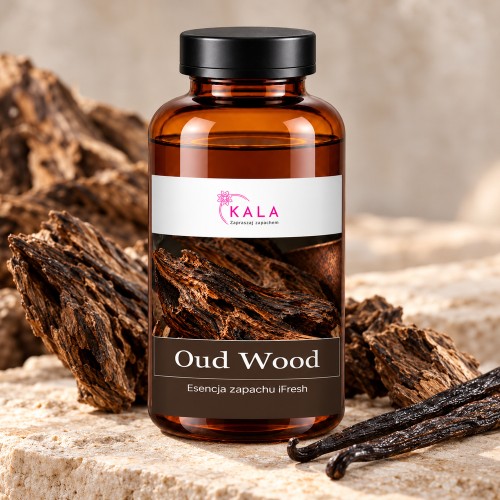 Olejek zapachowy Kala iFresh Oud Wood – butelka i nuty zapachu z bliska