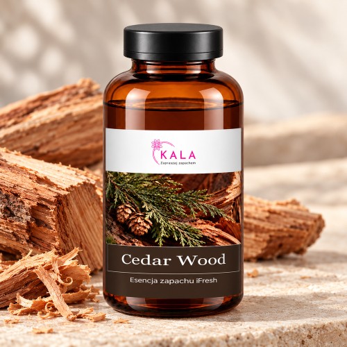 Olejek zapachowy Kala iFresh Cedar Wood – butelka i nuty zapachu z bliska