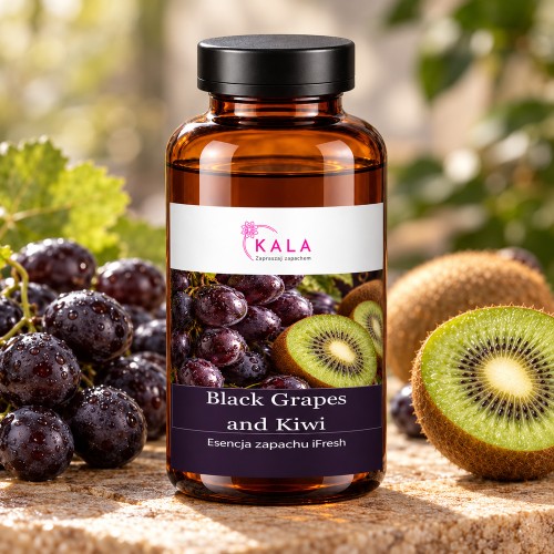 Olejek zapachowy Kala iFresh Black Grapes and Kiwi – butelka i nuty zapachu z bliska