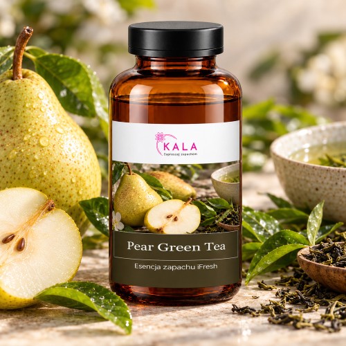 Olejek zapachowy Kala iFresh Pear Green Tea – butelka i nuty zapachu z bliska