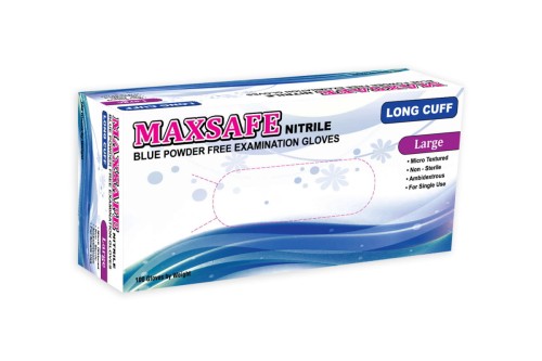 Opakowanie niebieskich rękawic nitrylowych Maxsafe Long Cuff Large, 100 sztuk