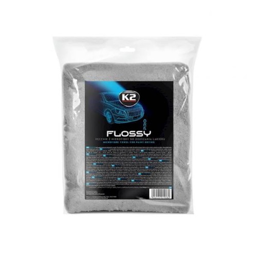 Szary ręcznik K2 Flossy PRO w opakowaniu z etykietą, wariant 60 × 90 cm
