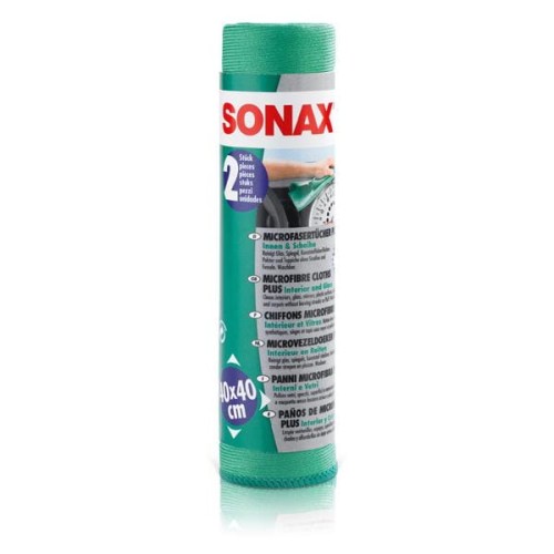 Zielone ścierki SONAX PLUS do szyb i wnętrza, 2 szt., 40 × 40 cm