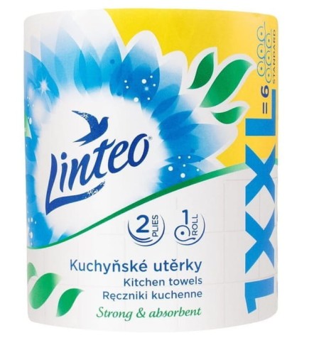 Linteo 1XXL, jedna rolka białego dwuwarstwowego ręcznika w opakowaniu z niebieskim kwiatem