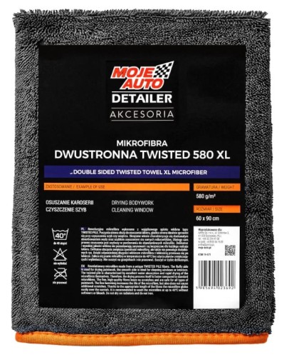 Szara mikrofibra Moje Auto Detailer Twisted 580 XL z pomarańczowym brzegiem, etykieta 60 × 90 cm