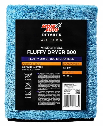 Niebieski ręcznik Moje Auto Detailer Fluffy Dryer 800 z etykietą 60 × 90 cm i 800 g/m²