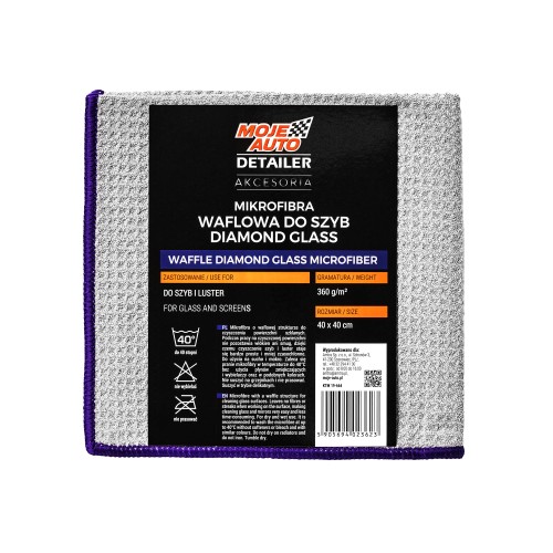 Szara mikrofibra Moje Auto Detailer Diamond Glass z fioletowym obszyciem i etykietą 40 × 40 cm, 360 g/m²