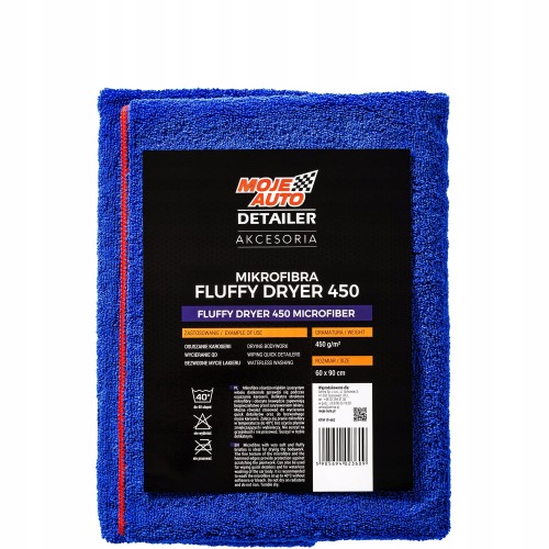 Niebieski ręcznik Moje Auto Detailer Fluffy Dryer 450 z czerwonym obszyciem i etykietą 60 × 90 cm, 450 g/m²