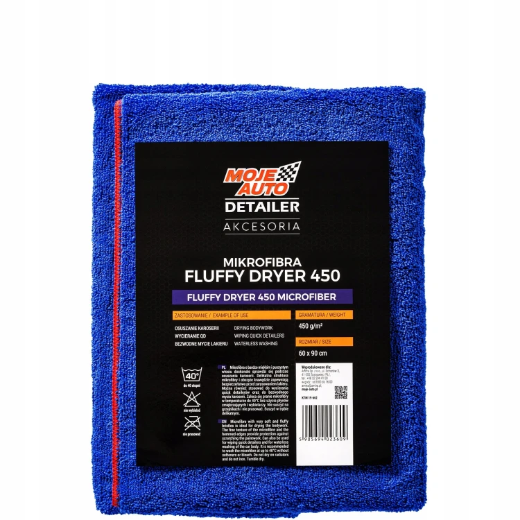 Niebieski ręcznik Moje Auto Detailer Fluffy Dryer 450 z czerwonym obszyciem i etykietą 60 × 90 cm, 450 g/m²