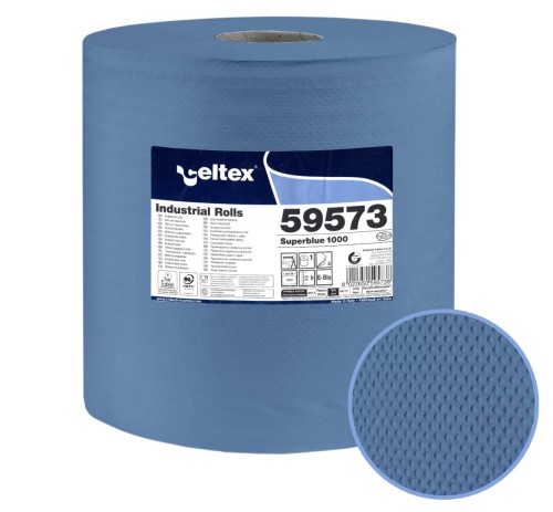 Niebieska rolka czyściwa Celtex Superblue 1000 z etykietą 59573 i zbliżeniem struktury papieru