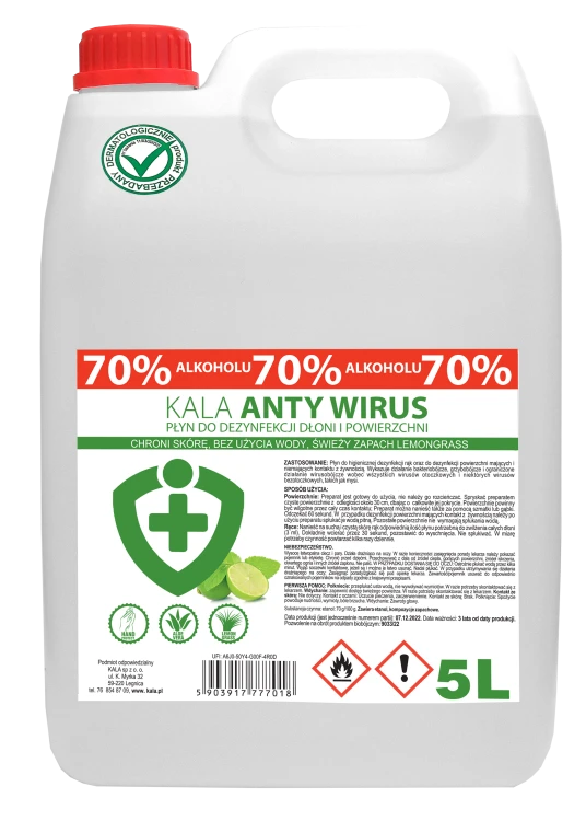 Kala AntyWirus Lemongrass, płyn do dezynfekcji powierzchni i rąk – 5 l