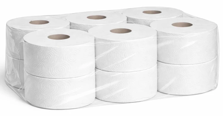 Opakowanie 12 białych rolek papieru toaletowego Jumbo, długość rolki 100 m