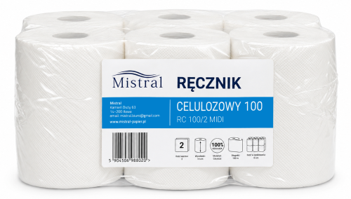 Sześć białych rolek ręcznika celulozowego Mistral RC100 w folii, etykieta 100 m i 2 warstwy
