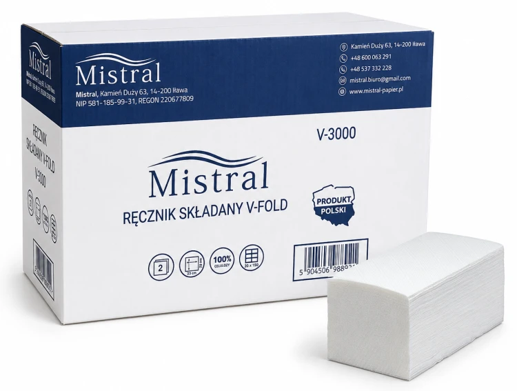 Karton Mistral V-3000 i białe ręczniki składane V-Fold, 23 × 23 cm, 20 pakietów po 150 listków
