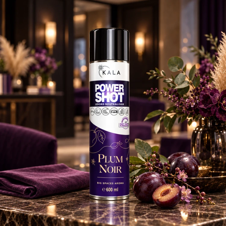 Kala Power Shot Plum Noir 600 ml na stole ze śliwkami
