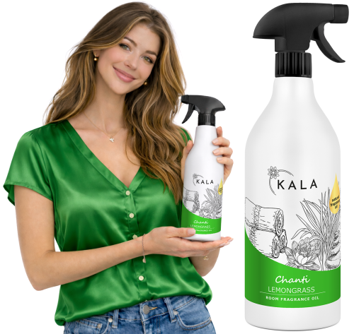 Kala Chanti Lemongrass 1 l, butelka olejku zapachowego w dłoni