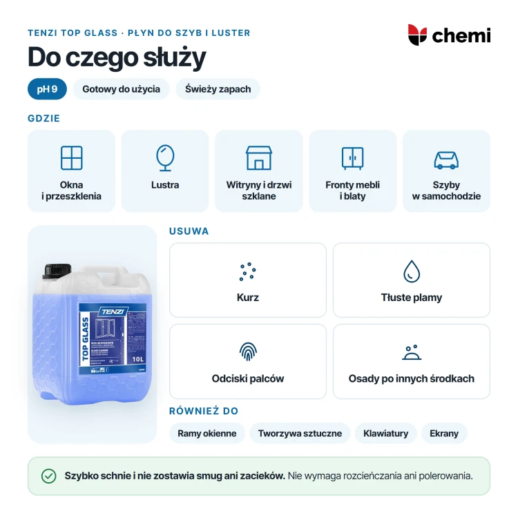 Tenzi Top Glass 10 l: do czego służy, powierzchnie, usuwane zabrudzenia i inne zastosowania