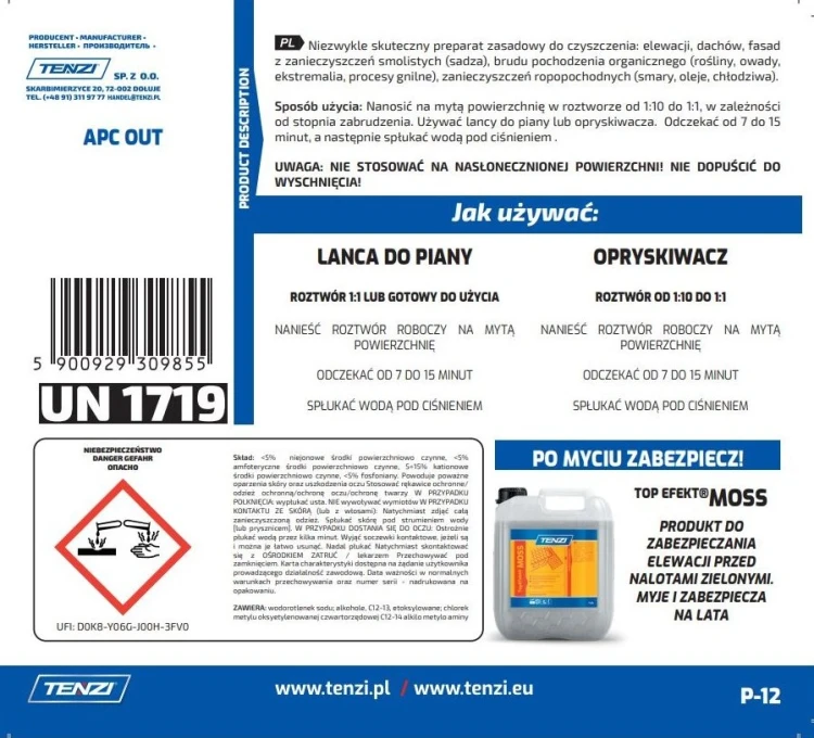 Tenzi APC Out 5 l, tylna etykieta z instrukcją użycia (wersja P-12)