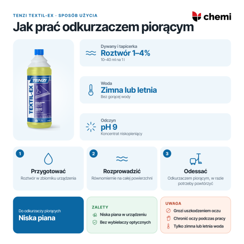 Tenzi Textil-Ex 1 l: jak prać odkurzaczem piorącym, roztwór 1–4%, zimna lub letnia woda