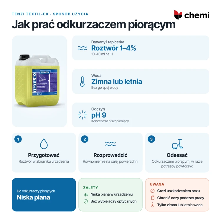 Tenzi Textil-Ex 5 l: jak prać odkurzaczem piorącym, roztwór 1–4%, zimna lub letnia woda