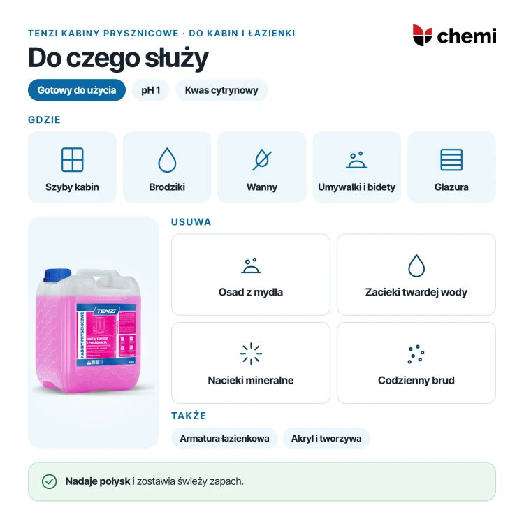 Tenzi Kabiny prysznicowe 5 l: do czego służy, powierzchnie łazienki i usuwane osady