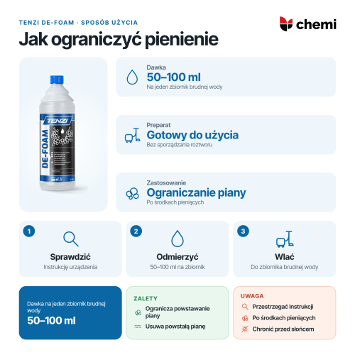 Tenzi DE-FOAM 1 l: dozowanie odpieniacza, 50–100 ml na jeden zbiornik brudnej wody, zgodnie z instrukcją urządzenia