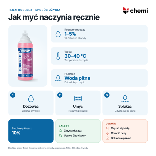 Tenzi Boberex 1 l: ręczne mycie naczyń: roztwór 1–5%, woda 30–40 °C, płukanie wodą pitną