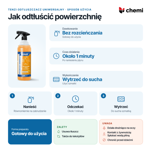 Tenzi Odtłuszczacz uniwersalny 1 l: sposób odtłuszczania: bez rozcieńczania, około minuty działania, wytrzeć do sucha