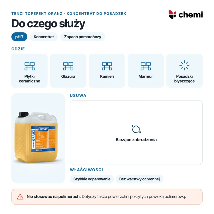 Tenzi TopEfekt Oranż 5 l: mycie płytek, glazury i kamienia oraz zakaz powierzchni polimerowych