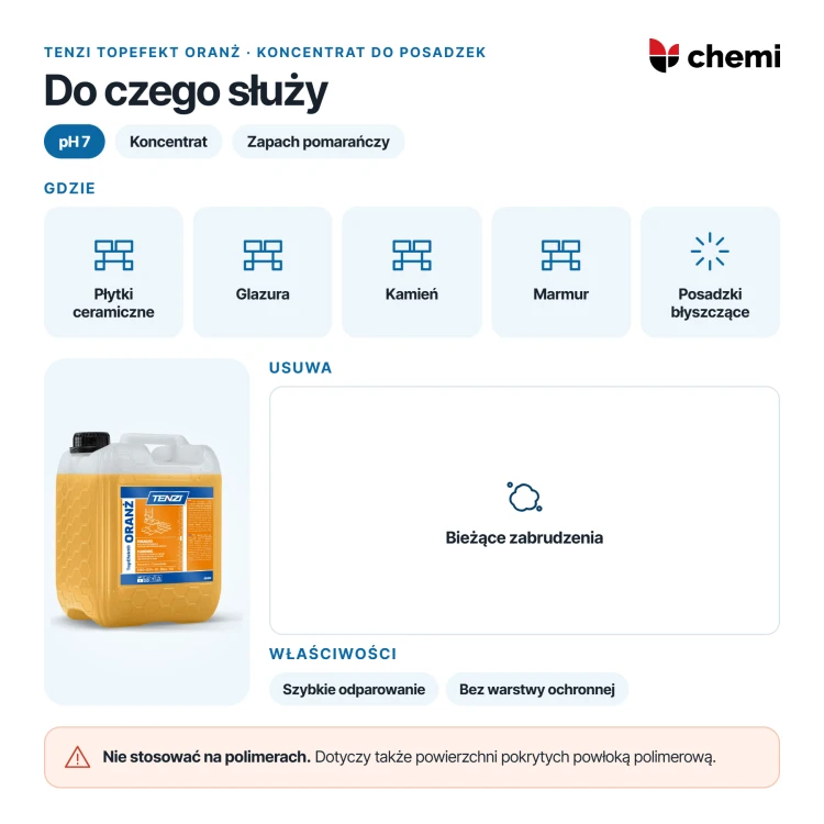 Tenzi TopEfekt Oranż 10 l: mycie płytek, glazury i kamienia oraz zakaz powierzchni polimerowych