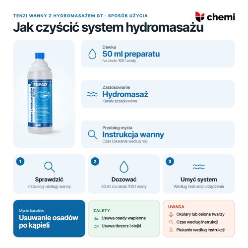 Tenzi Wanny z hydromasażem GT 1 l: dawka 50 ml na około 100 l wody, czyszczenie według instrukcji wanny