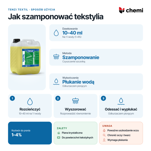 Tenzi Textil 5 l: szamponowanie szczotką, 10–40 ml na 1 l wody, odsysanie i płukanie