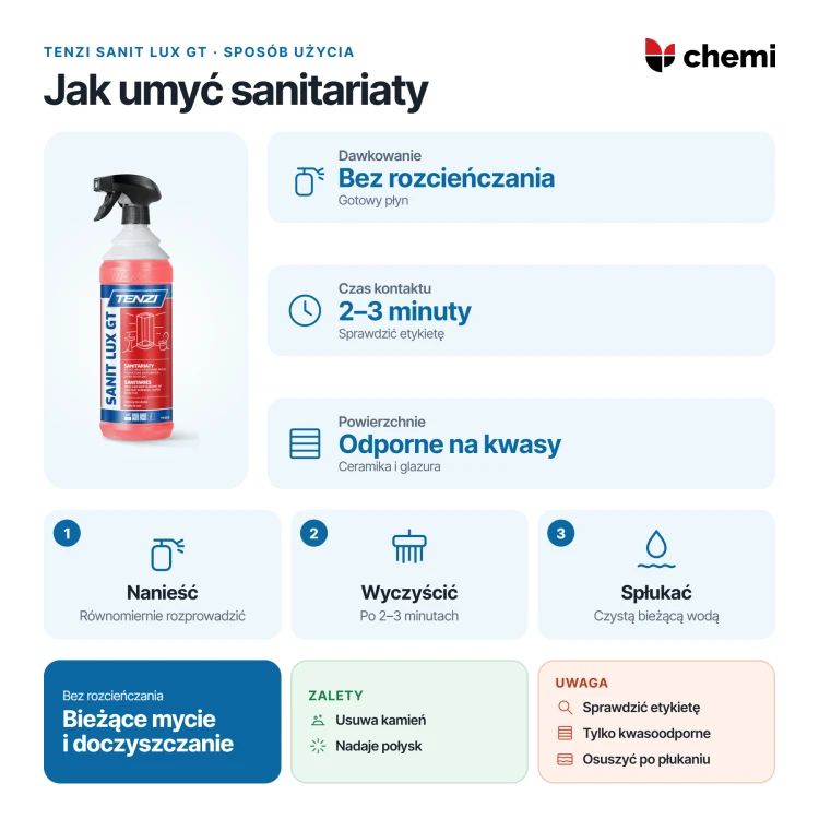 Tenzi Sanit Lux GT 1 l: mycie sanitariatów bez rozcieńczania, czas 2–3 minuty i płukanie wodą