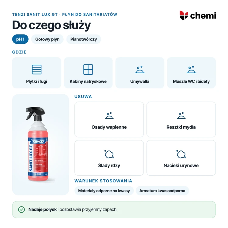 Tenzi Sanit Lux GT 1 l: powierzchnie kwasoodporne w łazience, kamień, rdza i osady z mydła