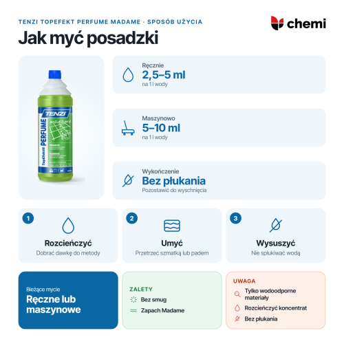 Tenzi TopEfekt Perfume Madame 1 l: mycie ręczne i maszynowe, dawki na litr wody, bez płukania