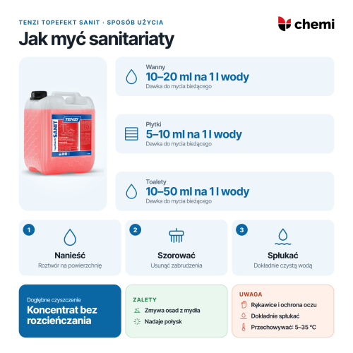 Tenzi TopEfekt Sanit 5 l: dawkowanie roztworu do wanien, płytek i toalet; szorowanie i płukanie wodą