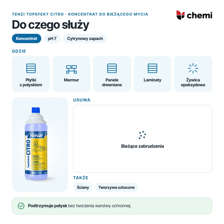 Tenzi TopEfekt Citro 1 l: bieżące mycie błyszczących podłóg i ścian, bez powłok polimerowych
