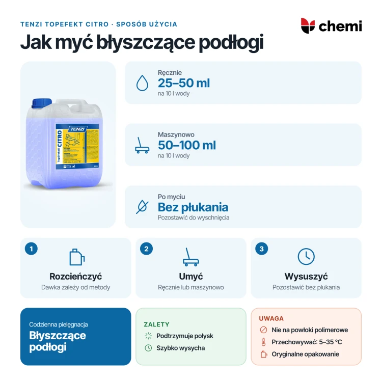 Tenzi TopEfekt Citro 10 l: mycie ręczne 25–50 ml na 10 l wody, maszynowe 50–100 ml na 10 l wody, bez płukania