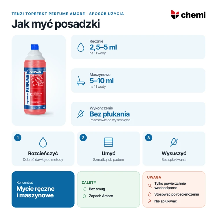 Tenzi TopEfekt Perfume Amore 1 l: dawki do mycia ręcznego i maszynowego, bez płukania