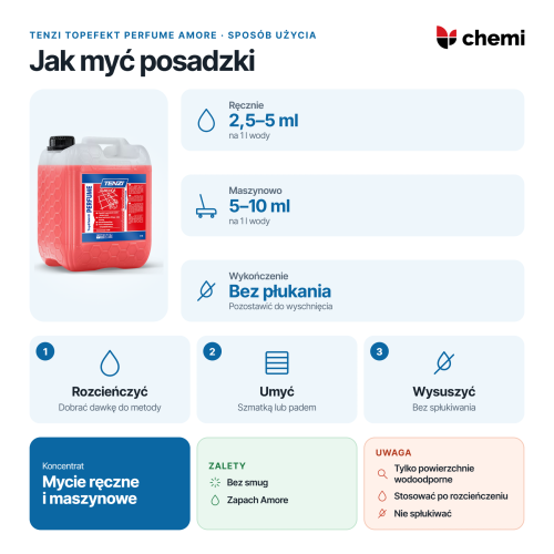 Tenzi TopEfekt Perfume Amore 10 l: dawki do mycia ręcznego i maszynowego, bez płukania