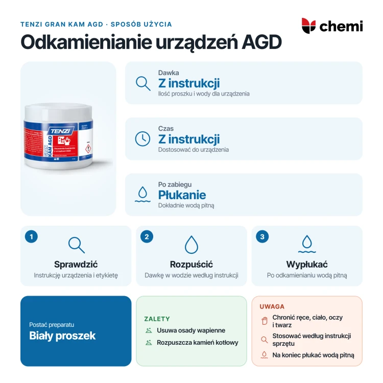 Tenzi Gran Kam AGD 0,5 kg: przygotowanie roztworu według instrukcji urządzenia i płukanie wodą pitną