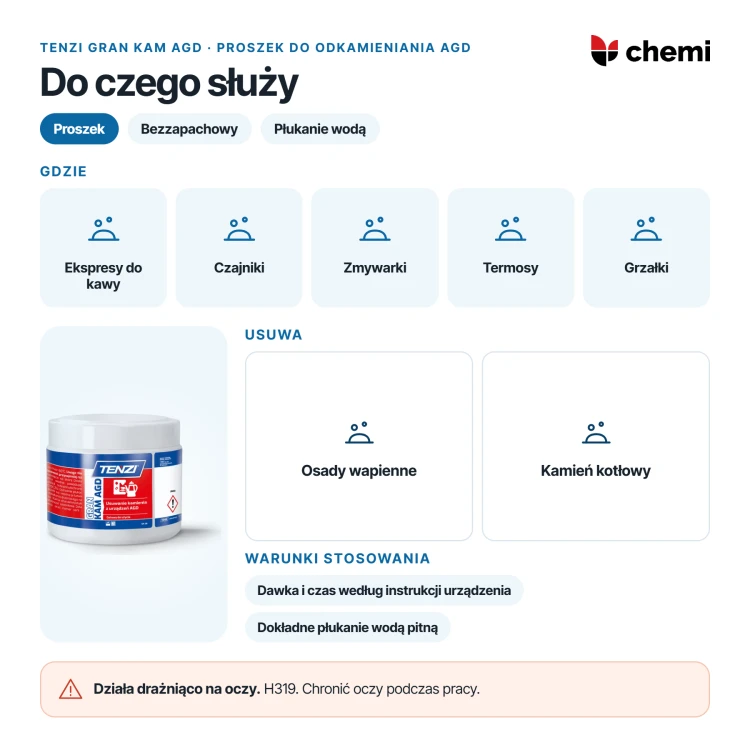 Tenzi Gran Kam AGD 0,5 kg: odkamienianie ekspresów, czajników, zmywarek, termosów i grzałek